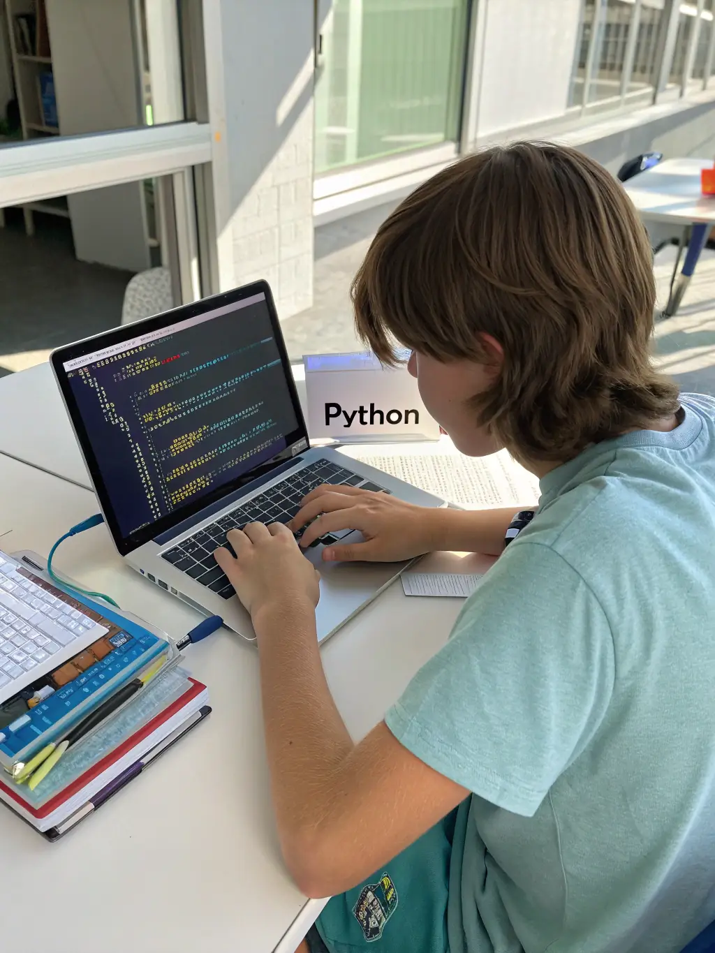 A focused shot of a laptop screen displaying Python code, with a young adult smiling in the background, suggesting a successful coding session.