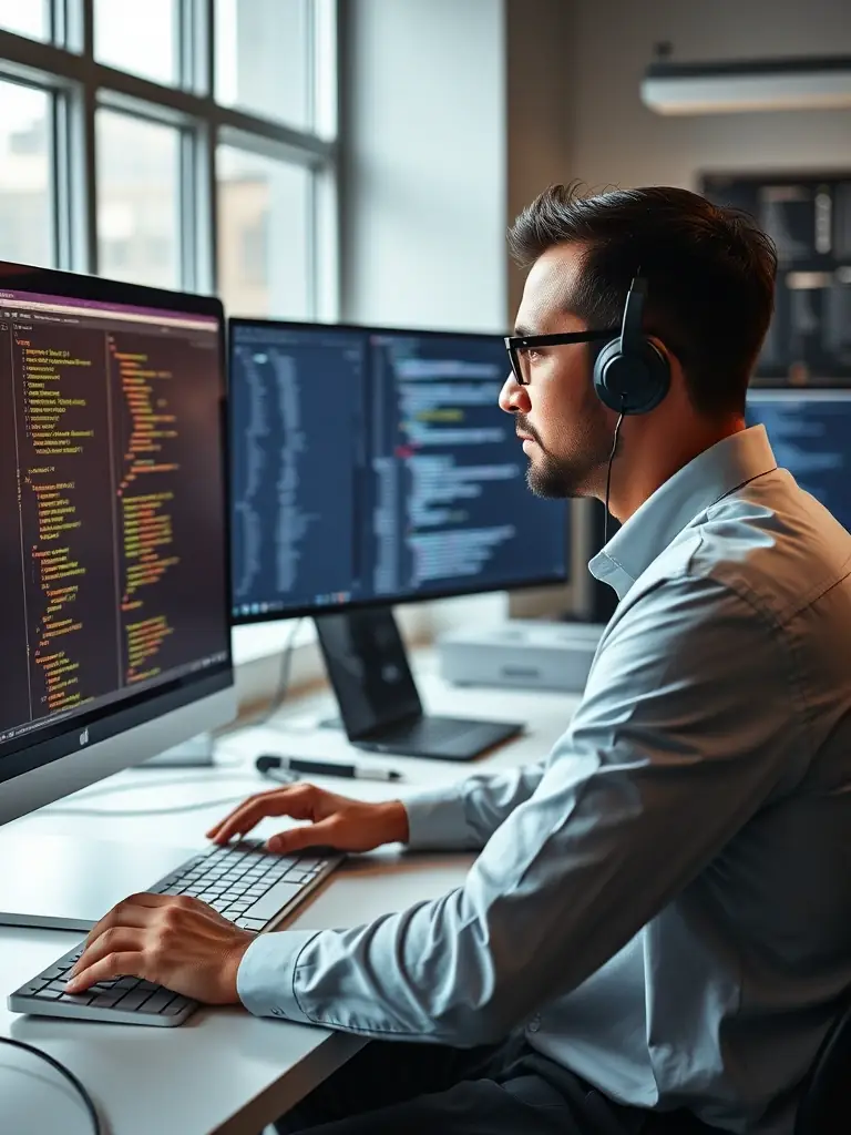 A professional programmer in a modern office setting, working on a complex coding project with multiple monitors displaying lines of code, illustrating the potential career path after completing the beginner programming course.