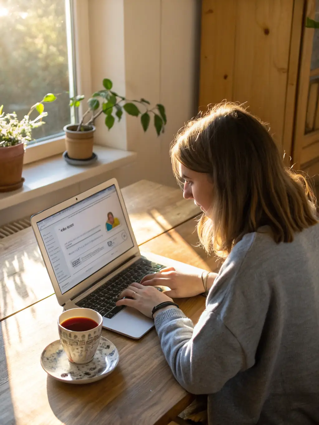 A freelancer working from a cozy home office, coding on a laptop while enjoying a cup of tea, representing the flexibility and financial independence gained through programming skills.