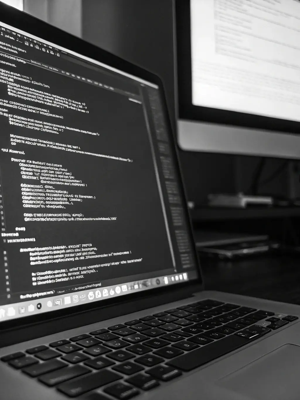 A close-up of a hand typing on a keyboard, with HTML tags visible on the screen, representing web development.