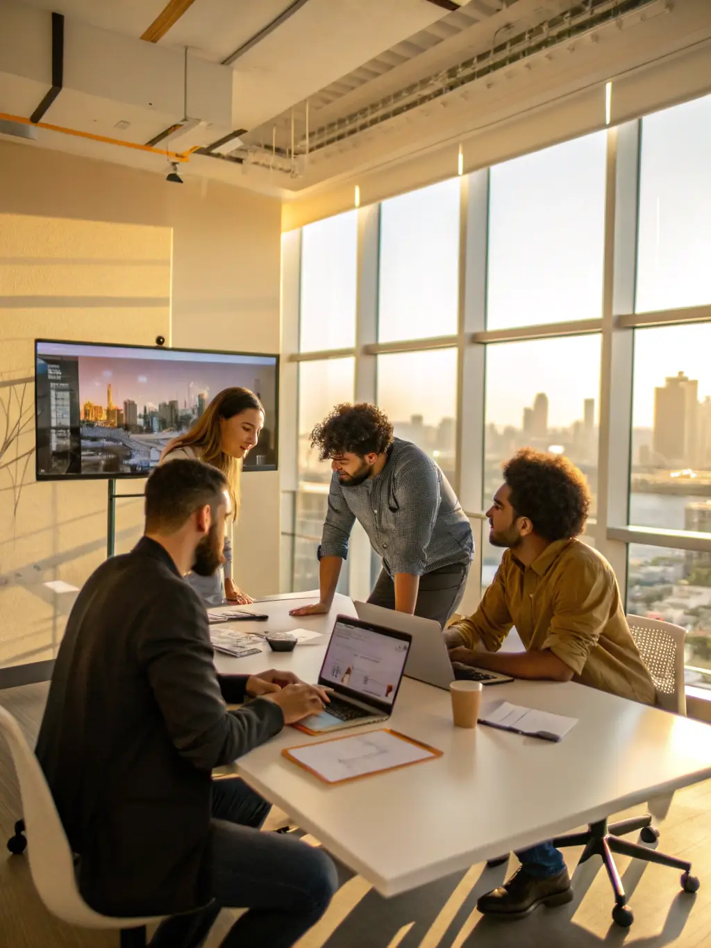 A team of programmers collaborating on a project in a bright, modern office space, emphasizing the collaborative and innovative environment of the tech industry and the potential for career advancement.